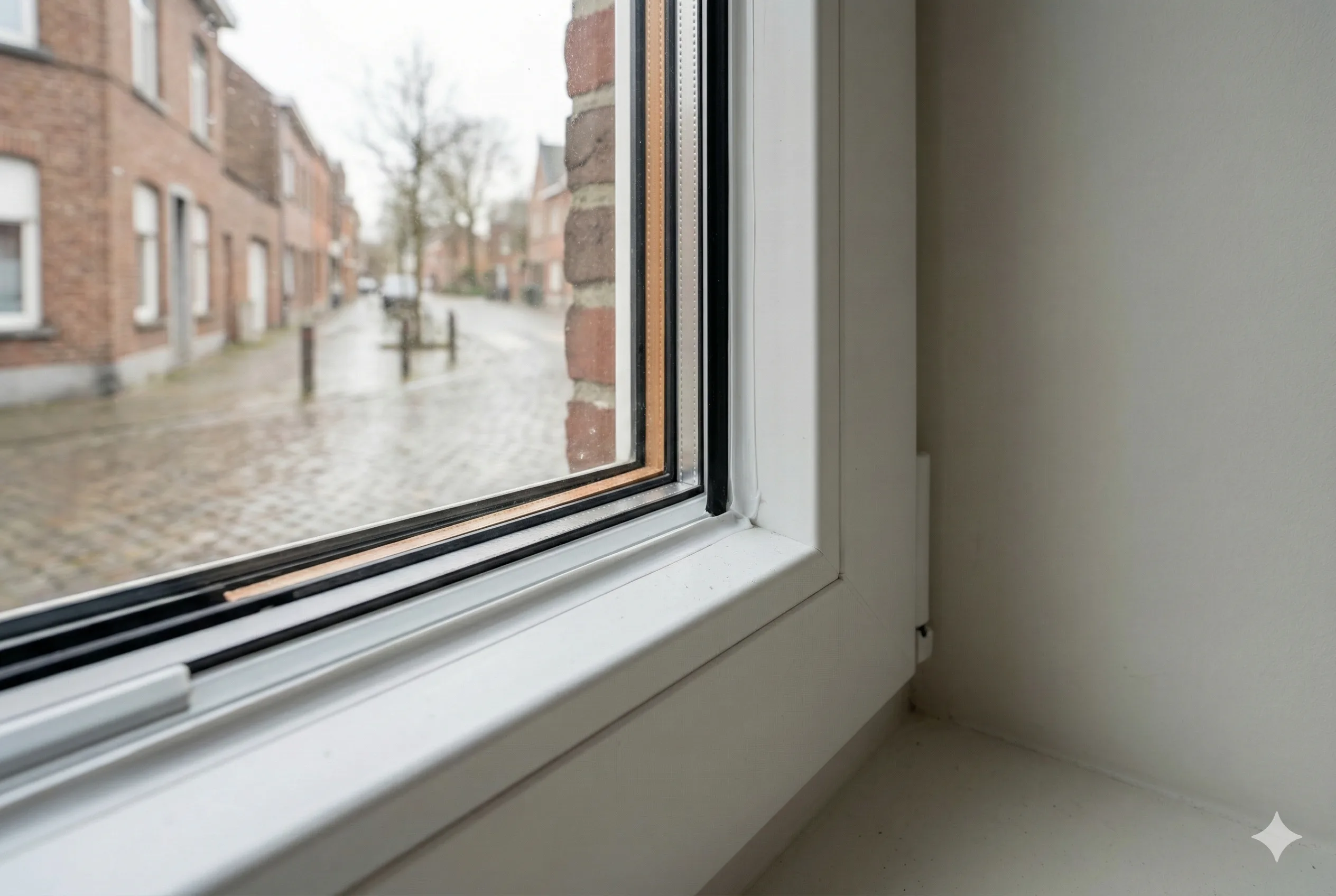 Close-up of an insulated PVC window installation