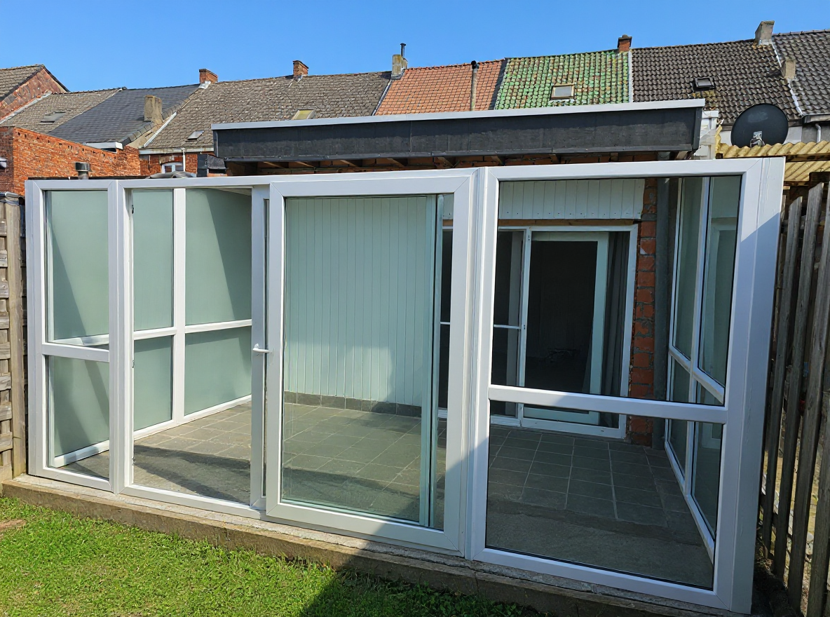 White-framed veranda enclosure with sliding door in Mechelen