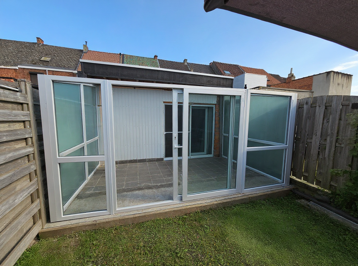 Alternate angle of the veranda showing the sliding door and garden boundary