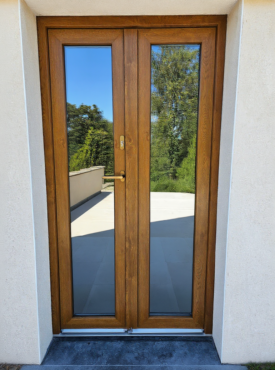 French doors with timber-grain finish reflecting the surrounding garden