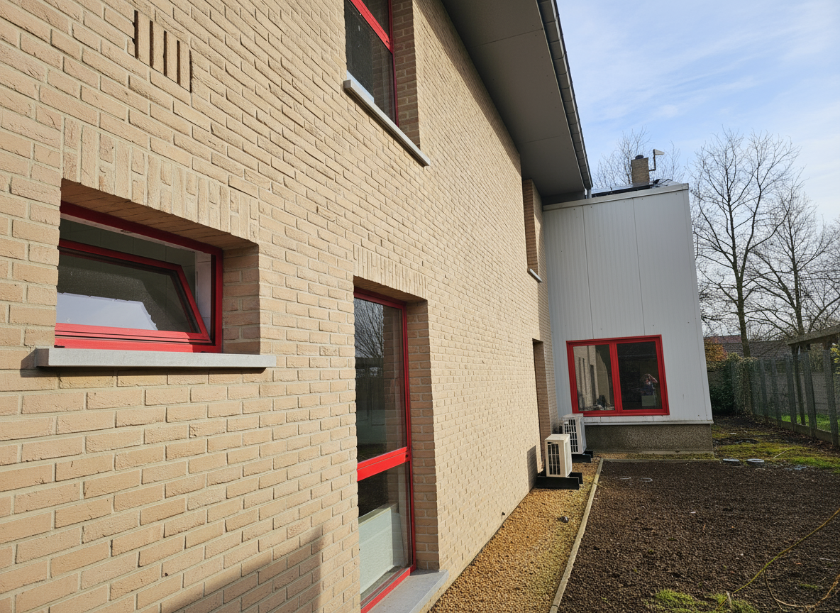 Bright red window modules lining the side elevation of the campus