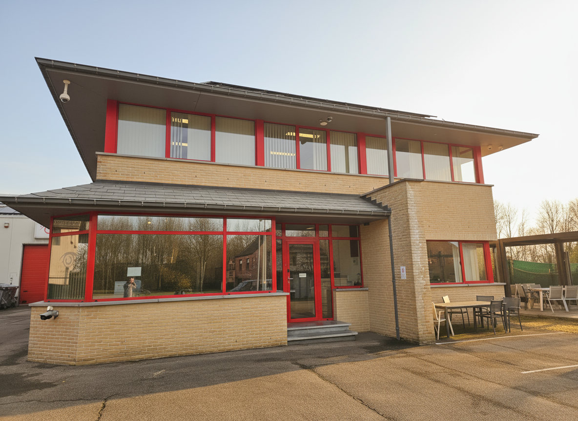 Modern commercial building with red aluminium frames in Ghent