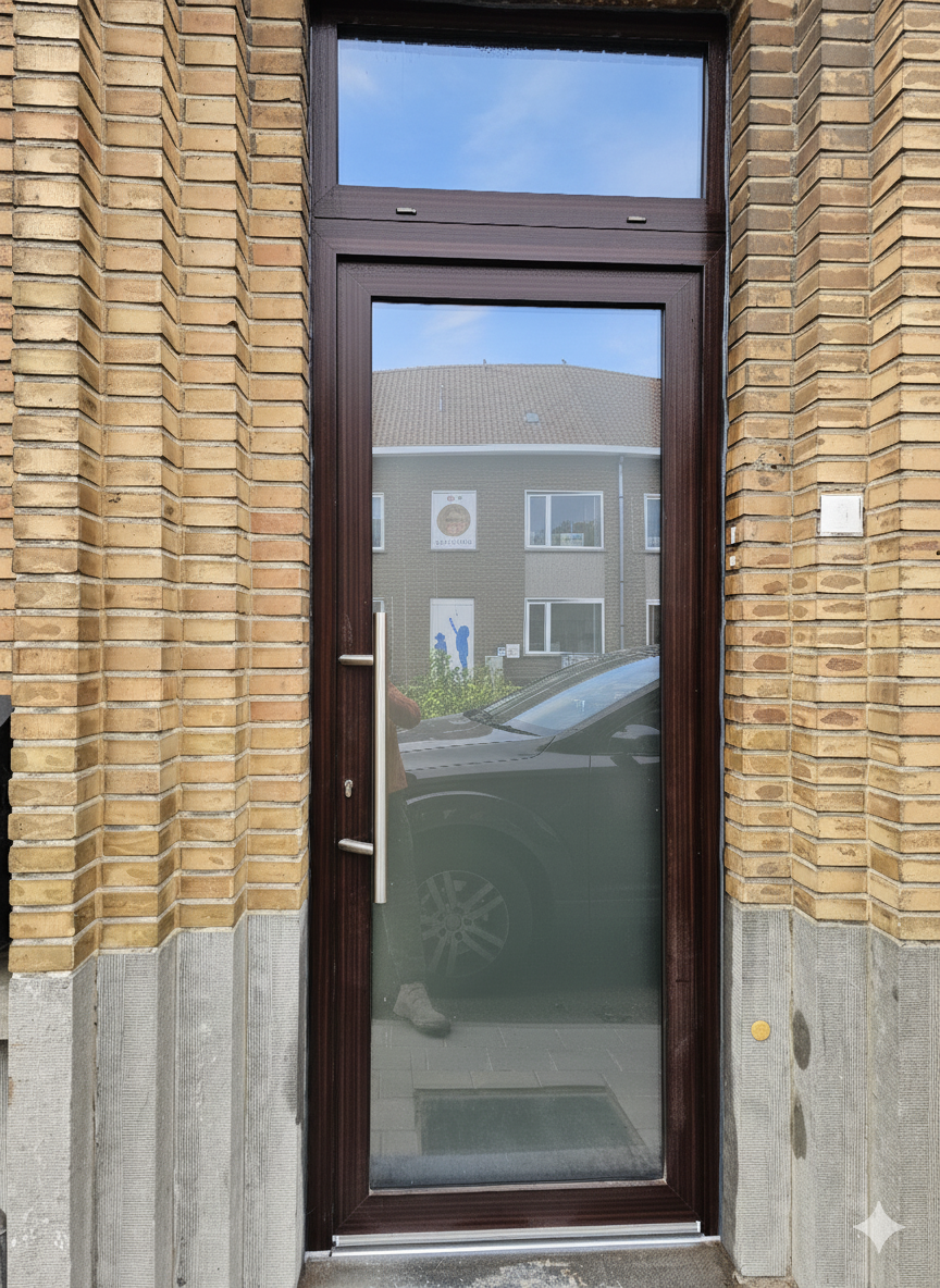 Close-up of the dark brown entrance door with elongated handle