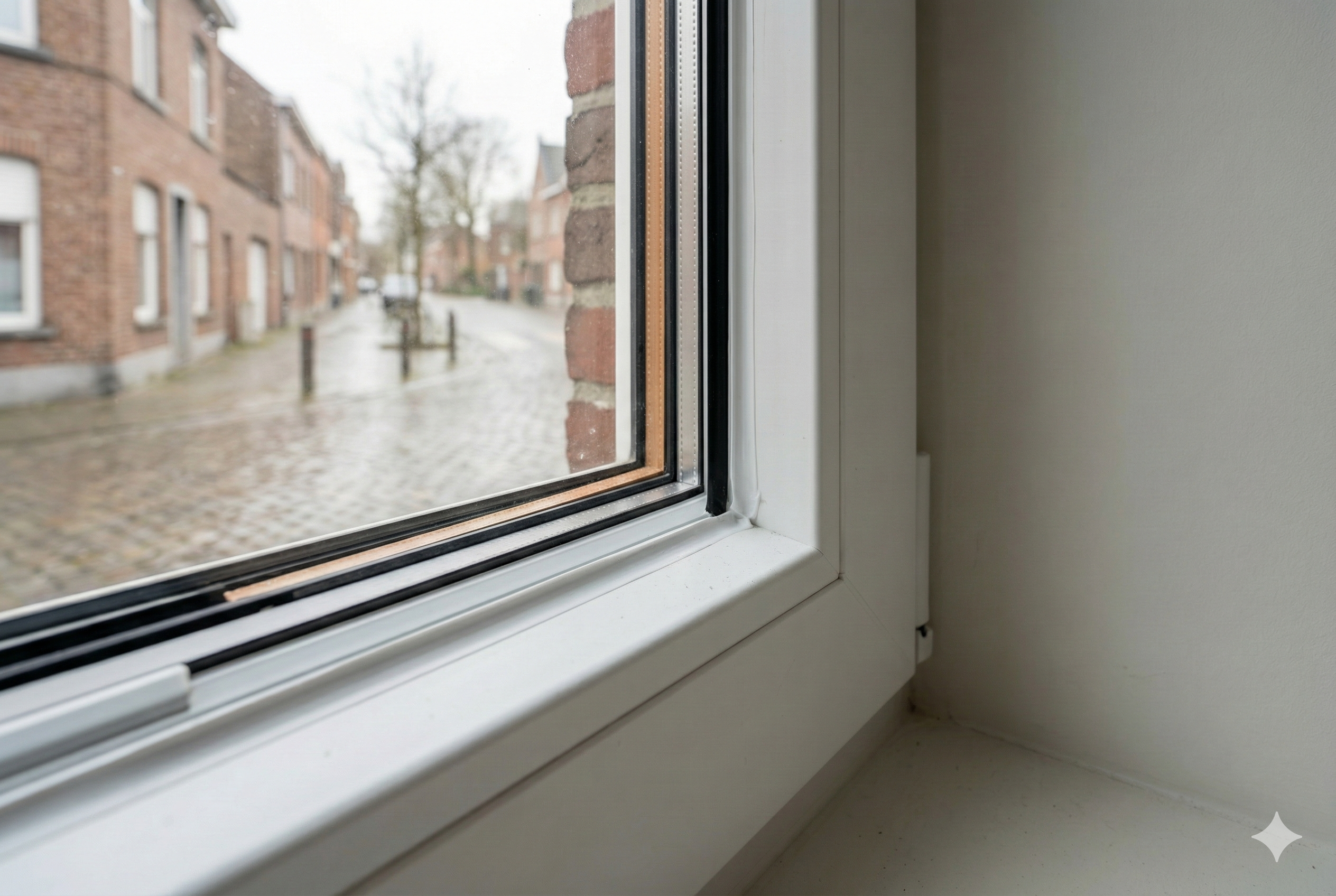 Close-up of an insulated PVC window installation